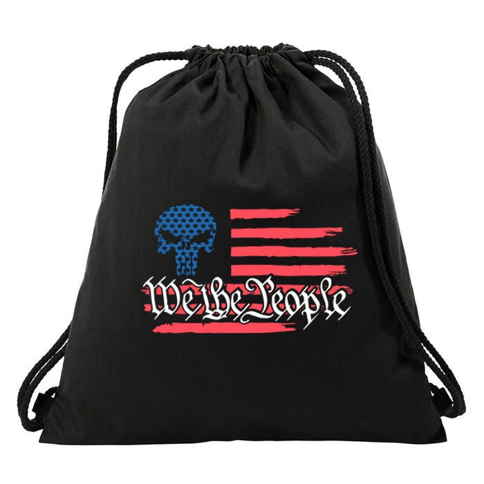 We The People US Flag Skull Drawstring Bag