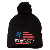 We The People US Flag Skull Pom Pom 12in Knit Beanie