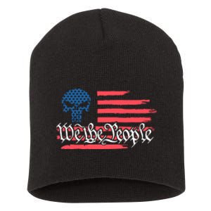 We The People US Flag Skull Short Acrylic Beanie