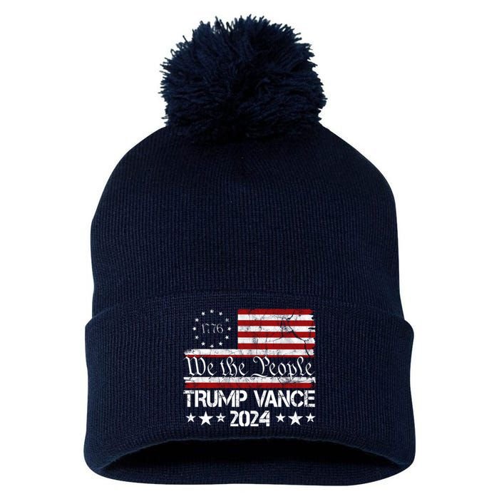 We The People Trump Vance 2024 Usa Vintage Flag Pom Pom 12in Knit Beanie