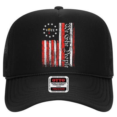 We The People Vote Trump 2024 Funny Trump Hair Tie Us Flag High Crown Mesh Back Trucker Hat