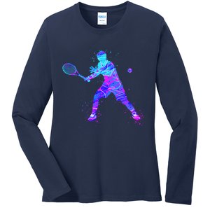 Watercolor Tennis Player Ladies Long Sleeve Shirt