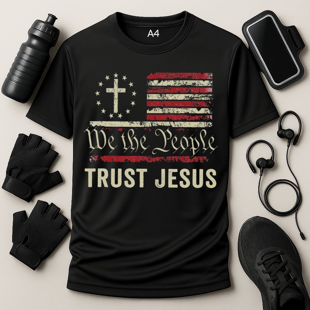 We The People Trust Jesus Usa Flag Christian Patriotic Cooling Performance Crew T-Shirt