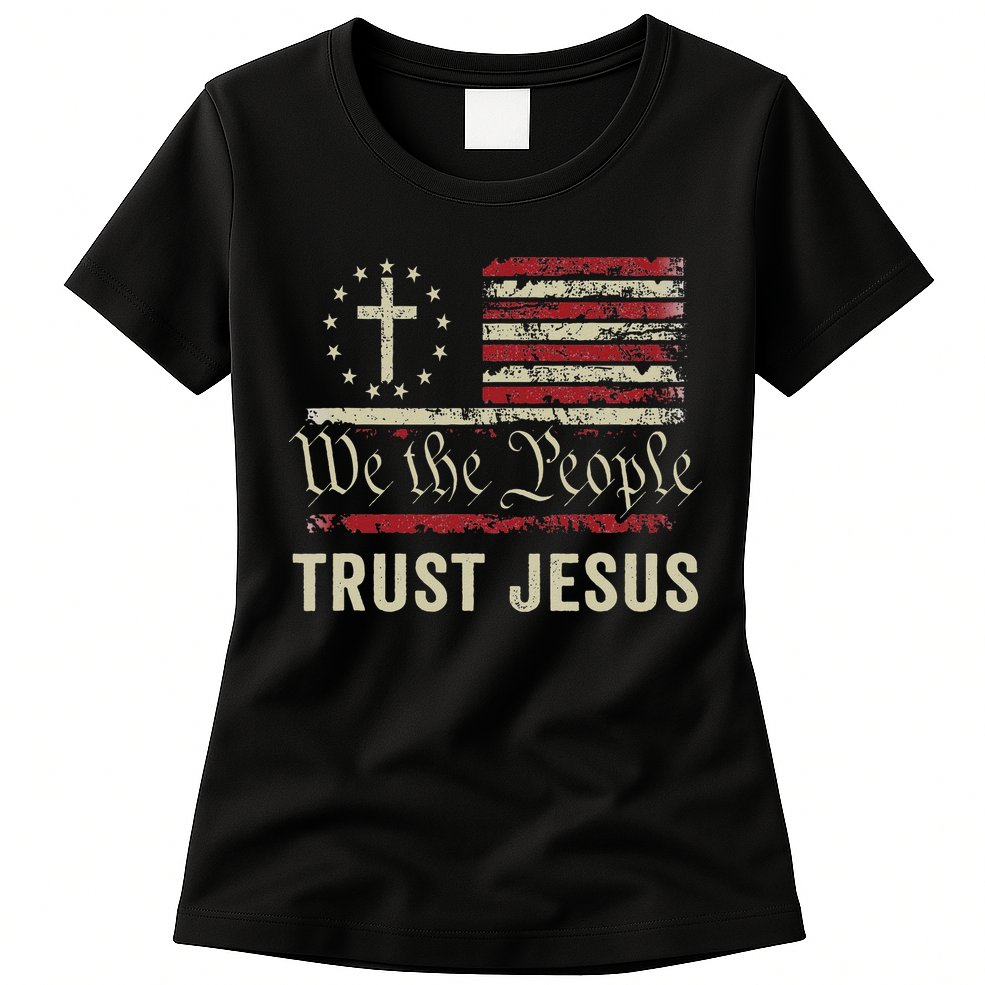 We The People Trust Jesus Usa Flag Christian Patriotic Womens T-Shirt