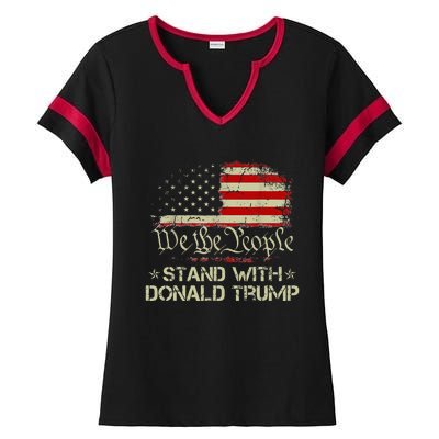 We The People Stand With Donald Trump 2024 American Flag Ladies Halftime Notch Neck Tee