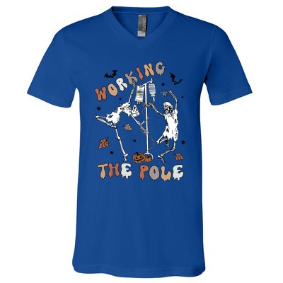 Working The Pole Funny Skeleton Dance Halloween Icu Er Nurse Gift V-Neck T-Shirt