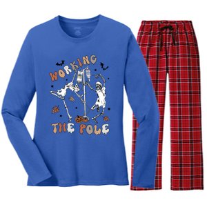 Working The Pole Funny Skeleton Dance Halloween Icu Er Nurse Gift Women's Long Sleeve Flannel Pajama Set 