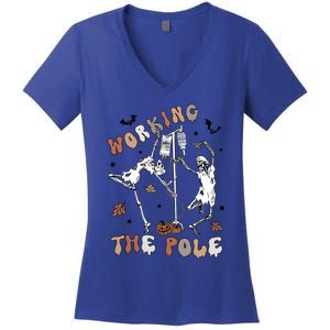 Working The Pole Funny Skeleton Dance Halloween Icu Er Nurse Gift Women's V-Neck T-Shirt