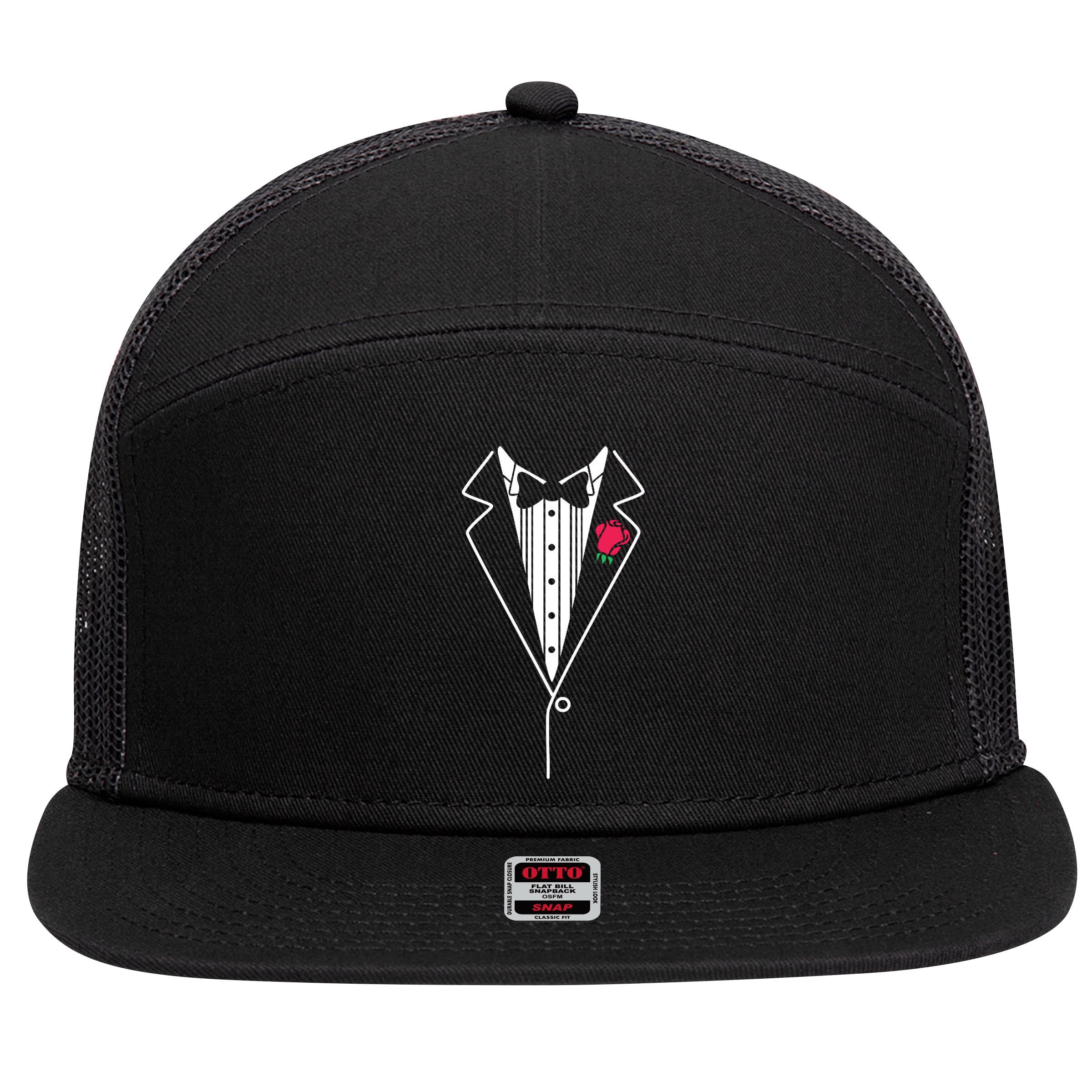 Wedding Tuxedo Red Rose Suit 7 Panel Mesh Trucker Snapback Hat
