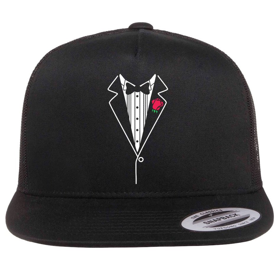 Wedding Tuxedo Red Rose Suit Flat Bill Trucker Hat
