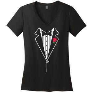 Wedding Tuxedo Red Rose Suit Women's V-Neck T-Shirt