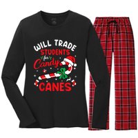 Will Trade Students For Candy Canes Teacher Christmas Xmas Women's Long Sleeve Flannel Pajama Set 