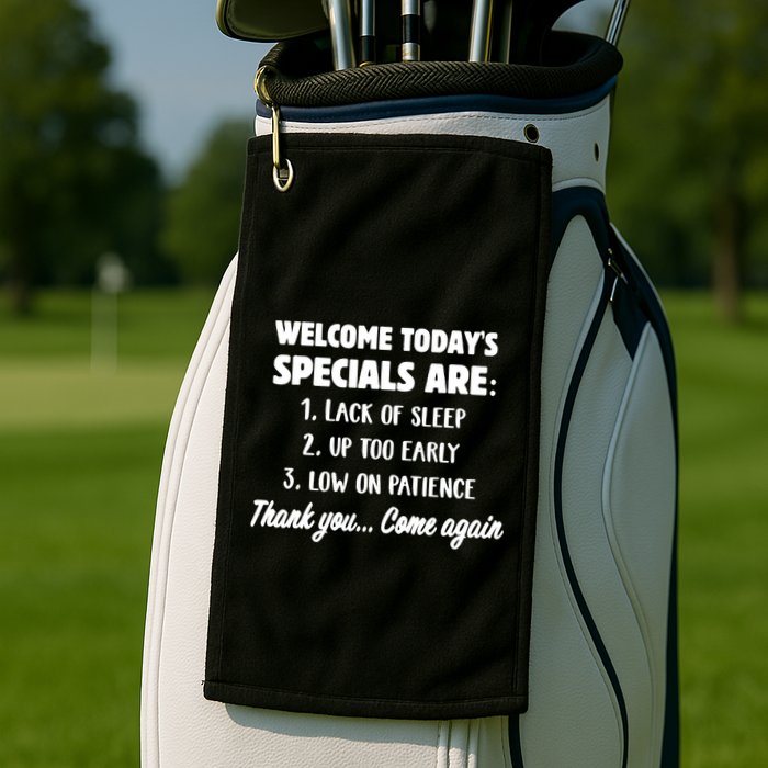 Welcome Today's Specials Are Lack Of Sleep, Up Too Early Golf Towel