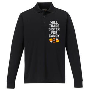 WILL TRADE SISTER FOR CANDY Funny Halloween Candy Performance Long Sleeve Polo