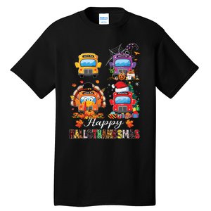 Witch Turkey Santa School Buses Happy Hallothanksmas Boy Tall T-Shirt