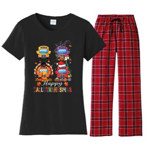 Witch Turkey Santa School Buses Happy Hallothanksmas Boy Women's Flannel Pajama Set