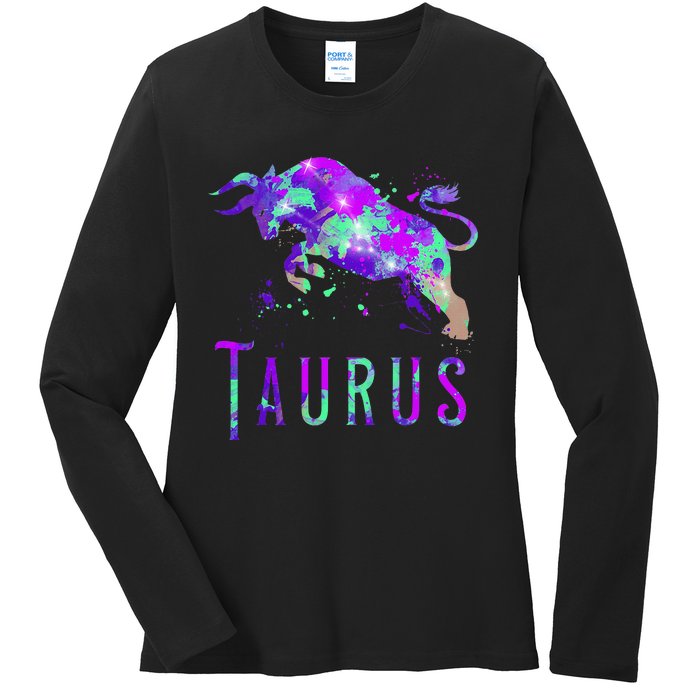 Watercolor Taurus Symbol Zodiac Sign Astrology Horoscope Ladies Long Sleeve Shirt