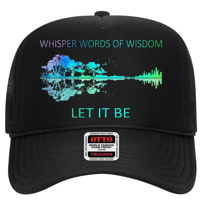 Watercolor Tree Sky There Will Be An Answer Let It Be Guitar High Crown Mesh Back Trucker Hat