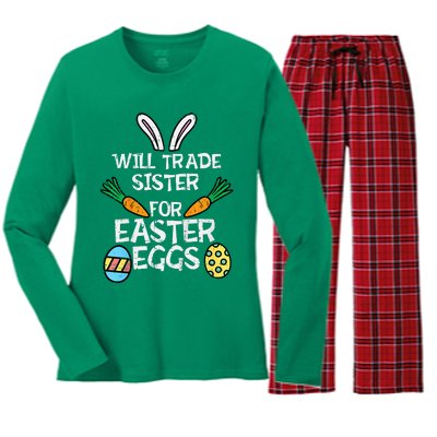 Will Trade Sister Easter Eggs Funny Family Women's Long Sleeve Flannel Pajama Set 