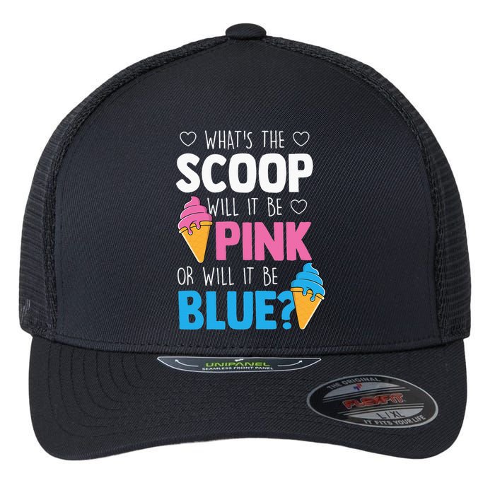 Whats The Scoop Funny Gender Reveal Party Team Blue Flexfit Unipanel Trucker Cap