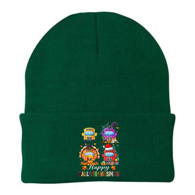 Witch Turkey Santa School Buses Happy HalloThanksMas Knit Cap Winter Beanie