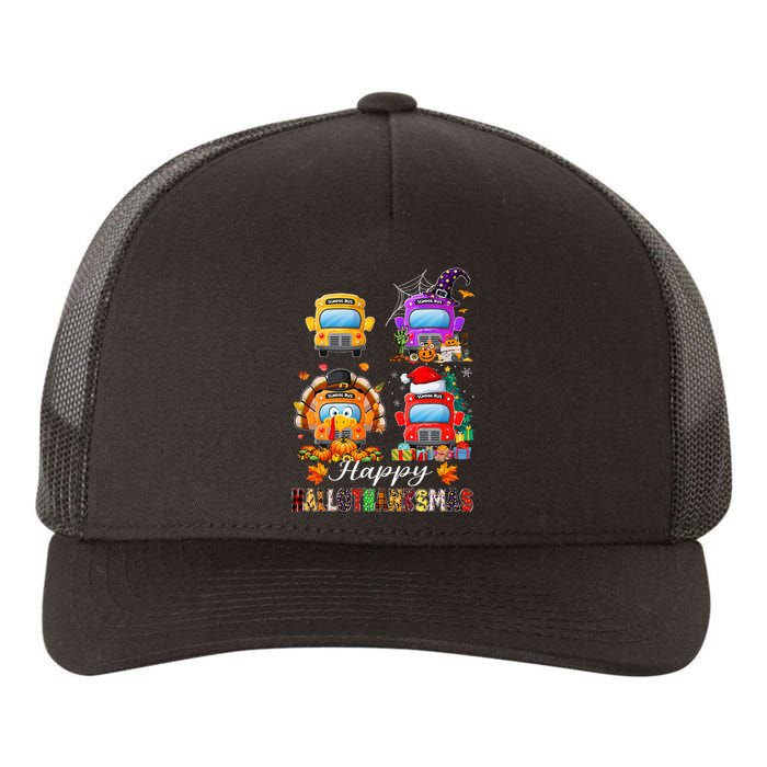 Witch Turkey Santa School Buses Happy HalloThanksMas Yupoong Adult 5-Panel Trucker Hat