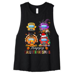 Witch Turkey Santa School Buses Happy HalloThanksMas Women's Racerback Cropped Tank