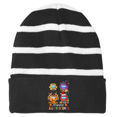 Witch Turkey Santa School Buses Happy HalloThanksMas Striped Beanie with Solid Band