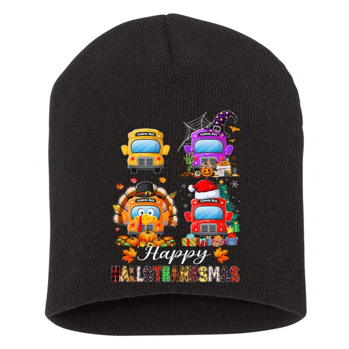 Witch Turkey Santa School Buses Happy HalloThanksMas Short Acrylic Beanie