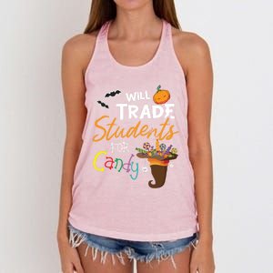 Will Trade Students For Candy Halloween Costume Teacher Gift Women's Knotted Racerback Tank