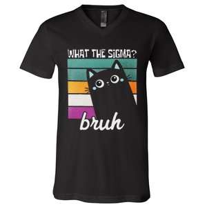 What The Sigma Bruh Funny Meme Black Cat Saying Retro Quote V-Neck T-Shirt