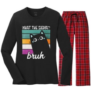 What The Sigma Bruh Funny Meme Black Cat Saying Retro Quote Women's Long Sleeve Flannel Pajama Set 