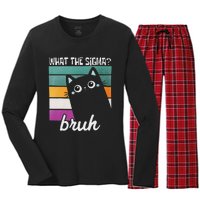 What The Sigma Bruh Funny Meme Black Cat Saying Retro Quote Women's Long Sleeve Flannel Pajama Set 