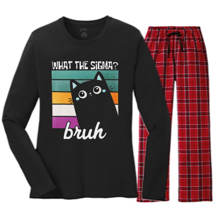 What The Sigma Bruh Funny Meme Black Cat Saying Retro Quote Women's Long Sleeve Flannel Pajama Set 