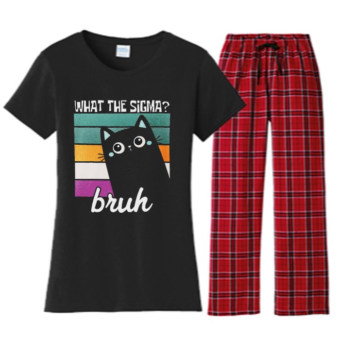 What The Sigma Bruh Funny Meme Black Cat Saying Retro Quote Women's Flannel Pajama Set