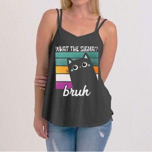 What The Sigma Bruh Funny Meme Black Cat Saying Retro Quote Women's Strappy Tank