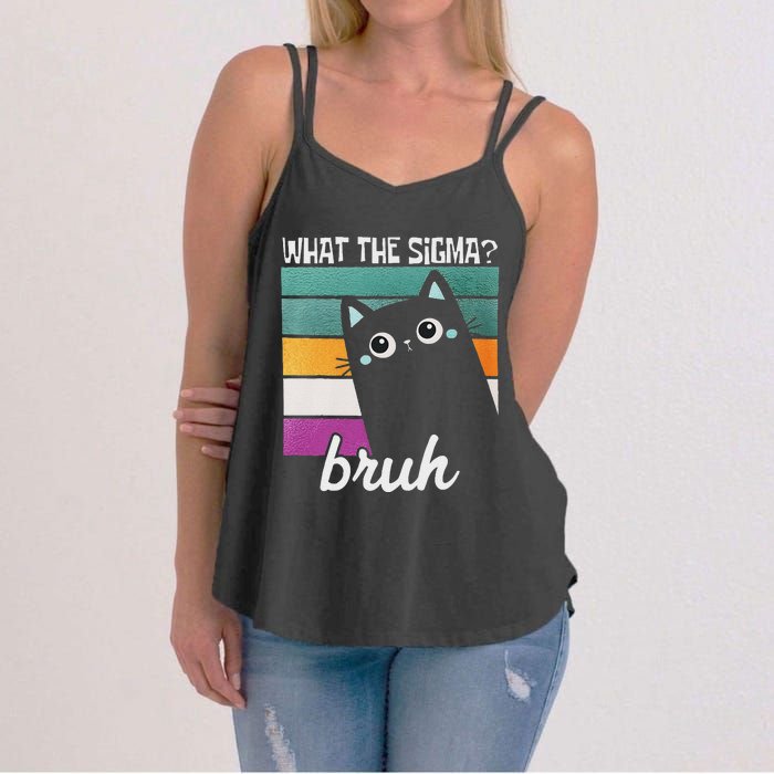 What The Sigma Bruh Funny Meme Black Cat Saying Retro Quote Women's Strappy Tank