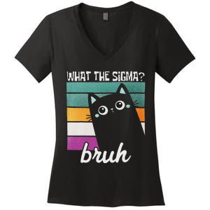 What The Sigma Bruh Funny Meme Black Cat Saying Retro Quote Women's V-Neck T-Shirt