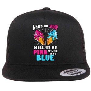 What's The Scoop Gender Reveal Ice Cream Party Pink Blue Flat Bill Trucker Hat