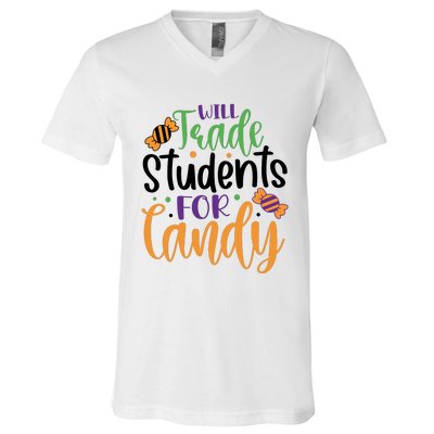 Will Trade Students For Candy Funny Teacher Halloween V-Neck T-Shirt