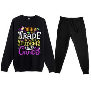 Will Trade Students For Candy Teacher Cute Halloween Costume Premium Crewneck Sweatsuit Set