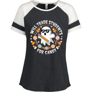 Will Trade Students For Candy Halloween Teacher Spooky Boo Gift Enza Ladies Jersey Colorblock Tee