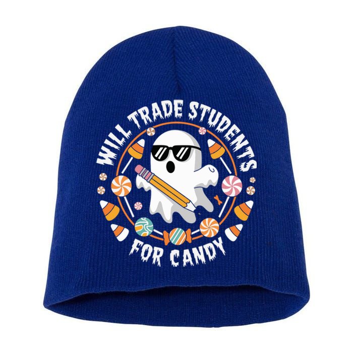 Will Trade Students For Candy Halloween Teacher Spooky Boo Gift Short Acrylic Beanie