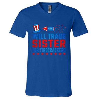 Will Trade Sister For Firecrackers Funny 4th Of July V-Neck T-Shirt