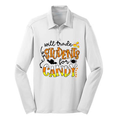 Will Trade Students For Candy Teacher Halloween Silk Touch Performance Long Sleeve Polo