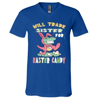 Will Trade Sister For Easter Candy Dinosaur T Rex Bunny Ears Gift V-Neck T-Shirt