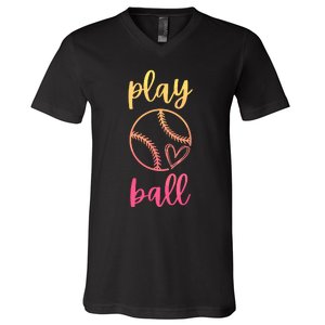 Women Teen Softball Play Ball V-Neck T-Shirt