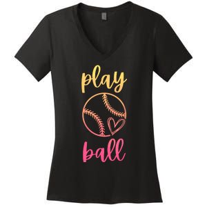 Women Teen Softball Play Ball Women's V-Neck T-Shirt