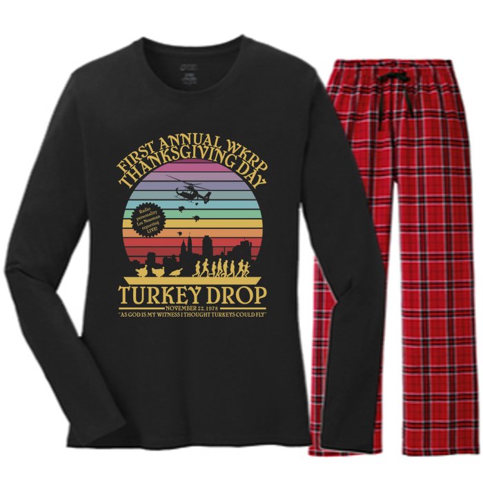 Wkrp Thanksgiving Turkey Drop Funny Women's Long Sleeve Flannel Pajama Set 