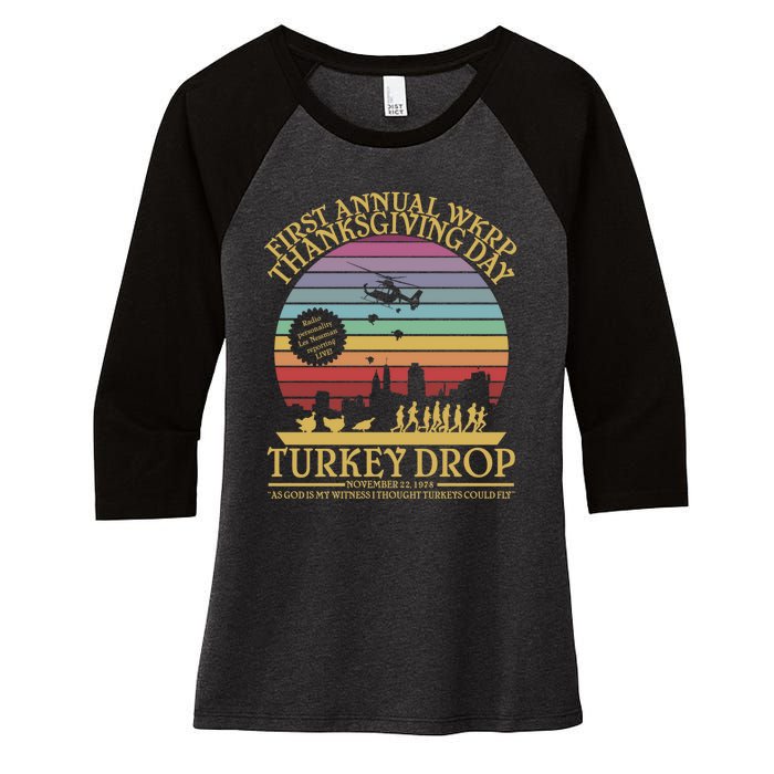 Wkrp Thanksgiving Turkey Drop Funny Women's Tri-Blend 3/4-Sleeve Raglan Shirt